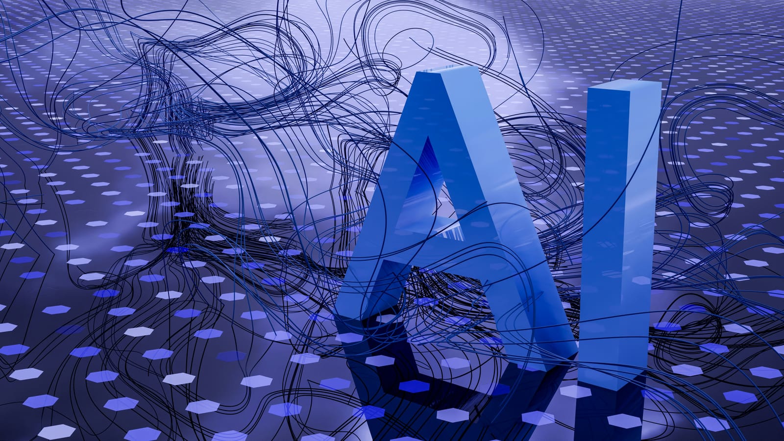 Large dimensional letters AI surrounded by flowing network lines