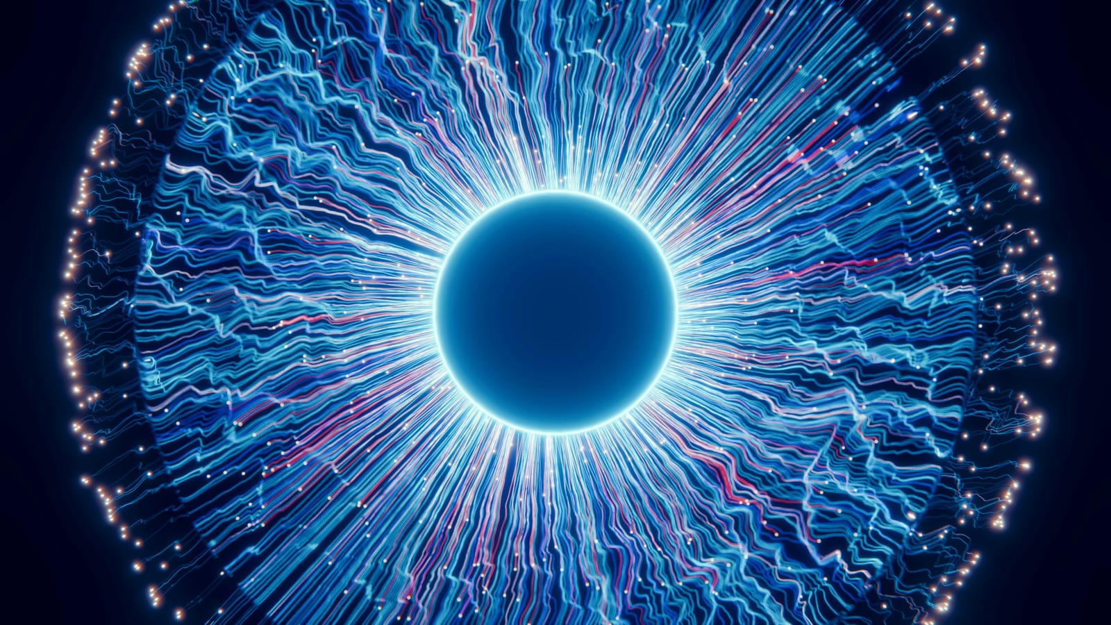A glowing sphere with streams of light radiating outward
